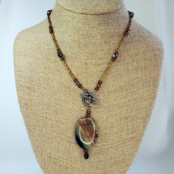 Artisan Picture Jasper Pendant Necklace w Honey Glass Beads & Toggle Clasp - Picture 2 of 7